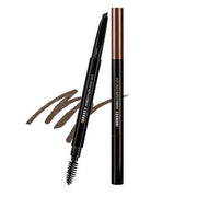 ProtoClinical k-beauty COSNORI Easy Draw Auto Eyebrow 0.3g (4 Colors) black eyebrow pencil with an angled tip and spoolie brush beside brown swatches on a white background