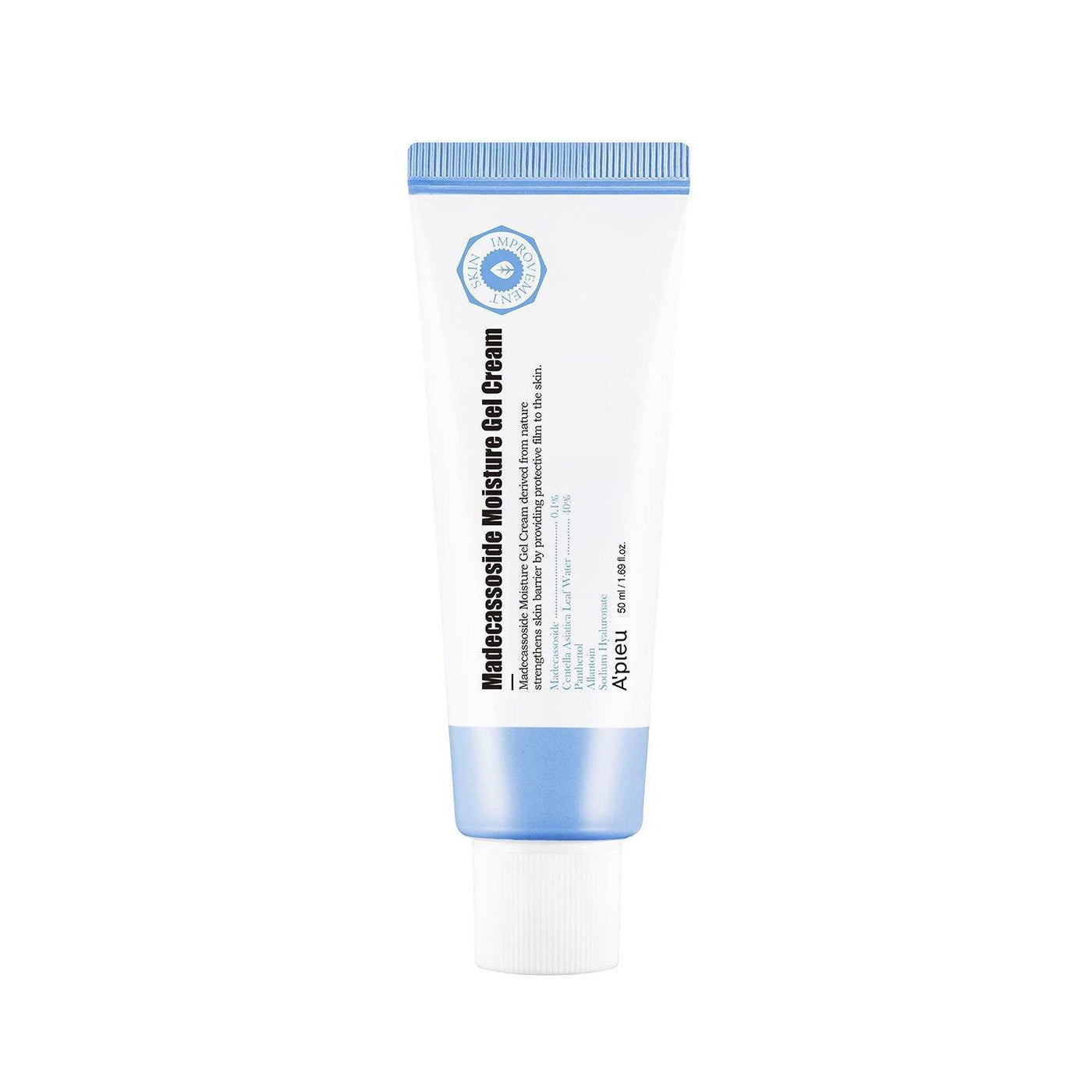ProtoClinical k-beauty A'pieu Madecassoside Moisture Gel Cream 50ml single centered cool gray gel cream container on a white background with pale blue side accents