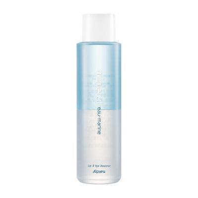 ProtoClinical k-beauty A'pieu MINERAL LIP AND EYE REMOVER EAU-MARINE 250ml single remover bottle packshot in a square crop on a light background