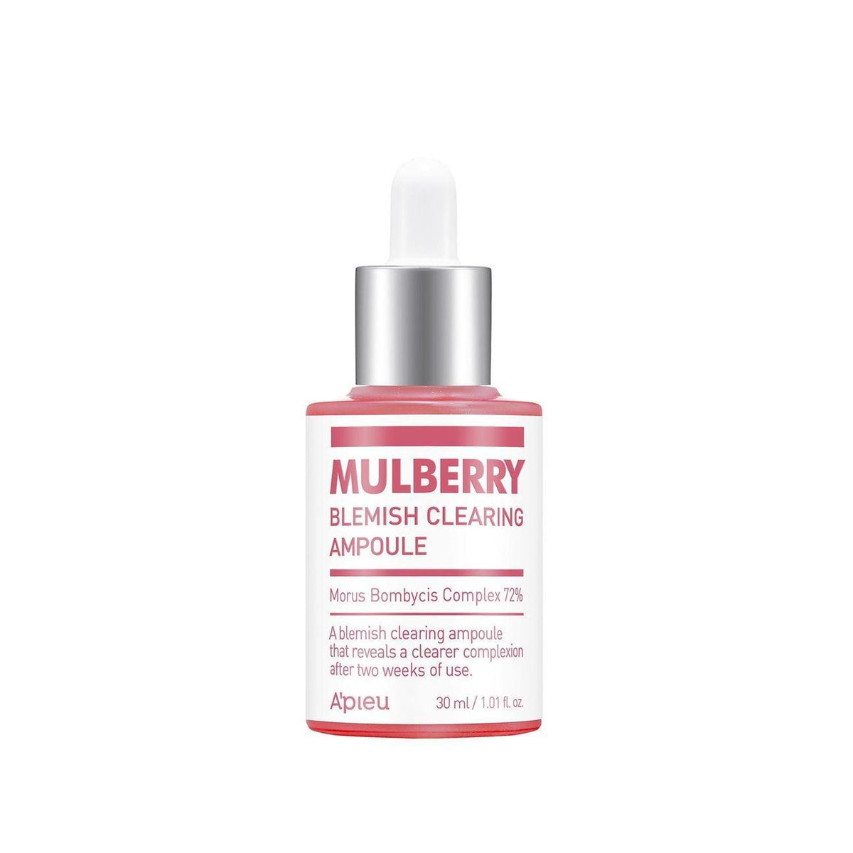 ProtoClinical k-beauty A'pieu Mulberry Blemish Clearing Ampoule 30ml single centered ampoule bottle on a white background