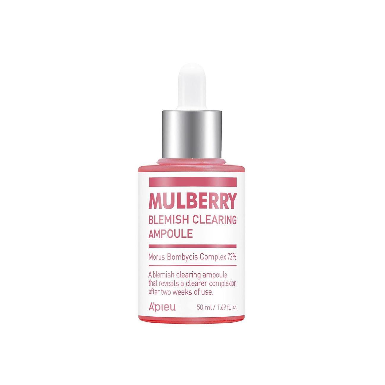 ProtoClinical k-beauty A'pieu Mulberry Blemish Clearing Ampoule 50ml single centered ampoule bottle on a white background