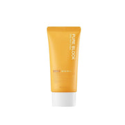 ProtoClinical k-beauty A'pieu Pure Block Daily Sun Cream SPF45/PA+++ 50ml single upright yellow sun cream package centered on a pale blue and white background.