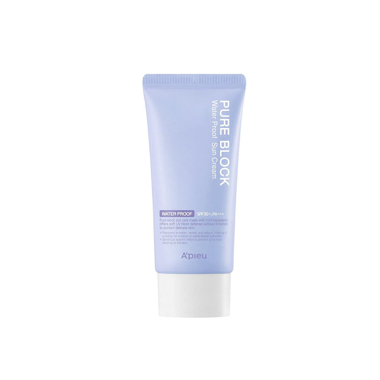 ProtoClinical k-beauty A'pieu Pure Block Sun Cream Waterproof Sun Cream SPF50/PA+++ 50ml single upright blue sun cream package centered on a pale blue-white background.