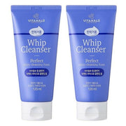 ProtoClinical k-beauty VITAHALO Perfect Micro Whip Cleansing Foam 120ml X 2ea two upright cleansing foam packages in deep navy and pale blue tones on a pale lavender background.