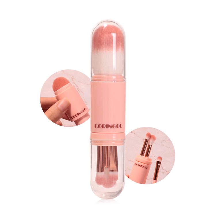 ProtoClinical k-beauty cosmetic graphic with a coral pink curved shape on a pale blue background.
