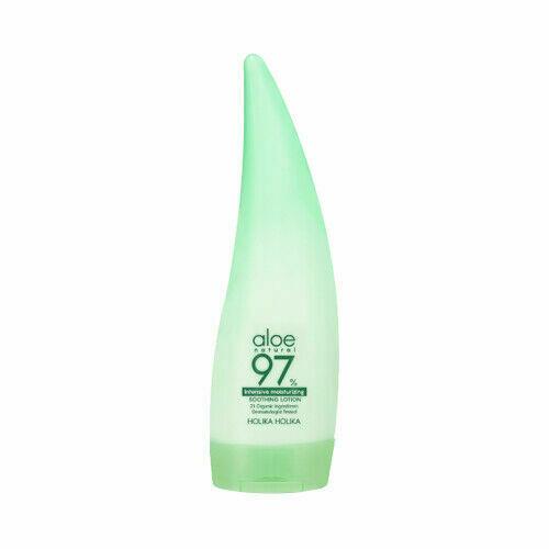 ProtoClinical k-beauty [HOLIKA HOLIKA] Aloe 97% Soothing Lotion Intensive Moisturizing 240ml single upright pale green lotion bottle centered on a white background with soft peach side shading