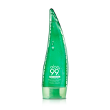 ProtoClinical k-beauty [HOLIKA HOLIKA] Aloe 99% Soothing Gel 250ml in a bright green aloe-shaped silhouette centered on a white background with pale mint side accents