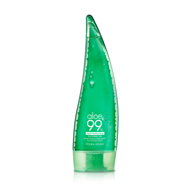 ProtoClinical k-beauty [HOLIKA HOLIKA] Aloe 99% Soothing Gel 250ml in a bright green aloe-shaped silhouette centered on a white background with pale mint side accents