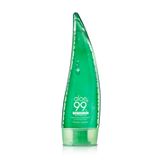 ProtoClinical k-beauty [HOLIKA HOLIKA] Aloe 99% Soothing Gel 250ml in a bright green aloe-shaped silhouette centered on a white background with pale mint side accents