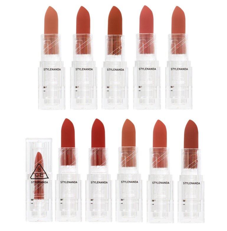 ProtoClinical k-beauty 3CE Soft Matte Lipstick 3.5g (10 Colors) ten lipstick bullets with one capped tube arranged in two rows on a white background