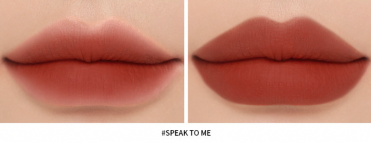 ProtoClinical k-beauty 3CE Soft Matte Lipstick 3.5g (10 Colors) two horizontal reddish-brown lipstick swatches on a pale mint and cream background