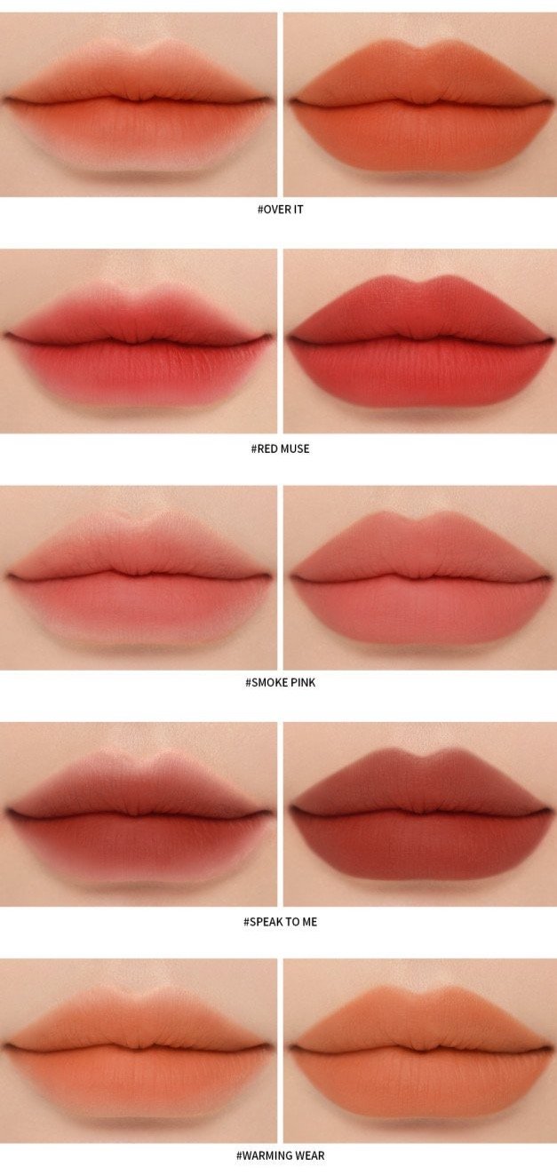 ProtoClinical k-beauty 3CE Soft Matte Lipstick 3.5g (10 Colors) collage of paired lip swatches labeled Over It, Red Muse, Smoke Pink, Speak to Me, and Warming Wear on a cream background