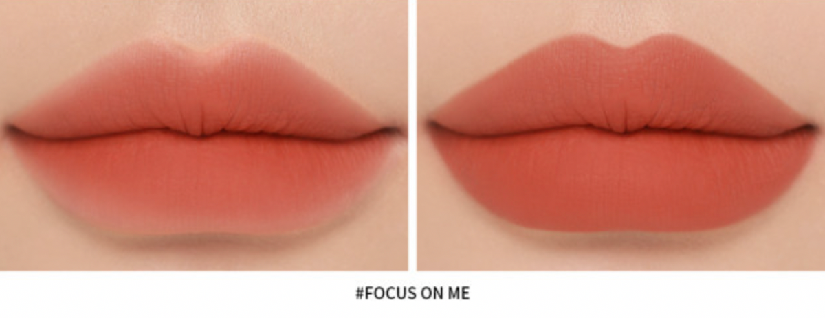 ProtoClinical k-beauty 3CE Soft Matte Lipstick 3.5g (10 Colors) paired matte lip swatches labeled Focus On Me on a cream background