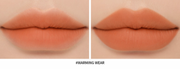 ProtoClinical k-beauty 3CE Soft Matte Lipstick 3.5g (10 Colors) paired matte peach lip swatches labeled Warming Wear on a cream background