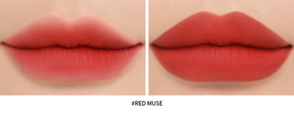 ProtoClinical k-beauty 3CE Soft Matte Lipstick 3.5g (10 Colors) paired matte coral-red lip swatches labeled Red Muse on a cream background