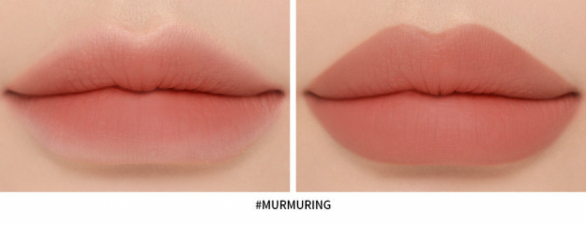 ProtoClinical k-beauty 3CE Soft Matte Lipstick 3.5g (10 Colors) paired matte nude-pink lip swatches labeled Murmuring on a cream background