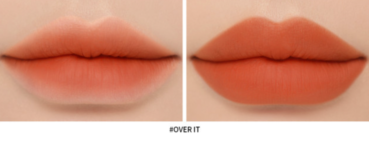 ProtoClinical k-beauty 3CE Soft Matte Lipstick 3.5g (10 Colors) paired matte orange-coral lip swatches labeled Over It on a cream background