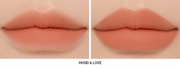 ProtoClinical k-beauty 3CE Soft Matte Lipstick 3.5g (10 Colors) paired matte peach-nude lip swatches labeled Kind & Love on a cream background