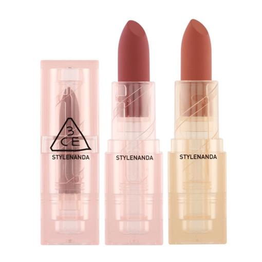 ProtoClinical k-beauty 3CE Soft Matte Lipstick 3.5g (Warm VS Cool) (6 Colors) vertical pink-beige lipstick swatch on a light background with faint aqua side shading