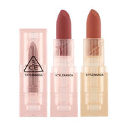 ProtoClinical k-beauty 3CE Soft Matte Lipstick 3.5g (Warm VS Cool) (6 Colors) vertical pink-beige lipstick swatch on a light background with faint aqua side shading