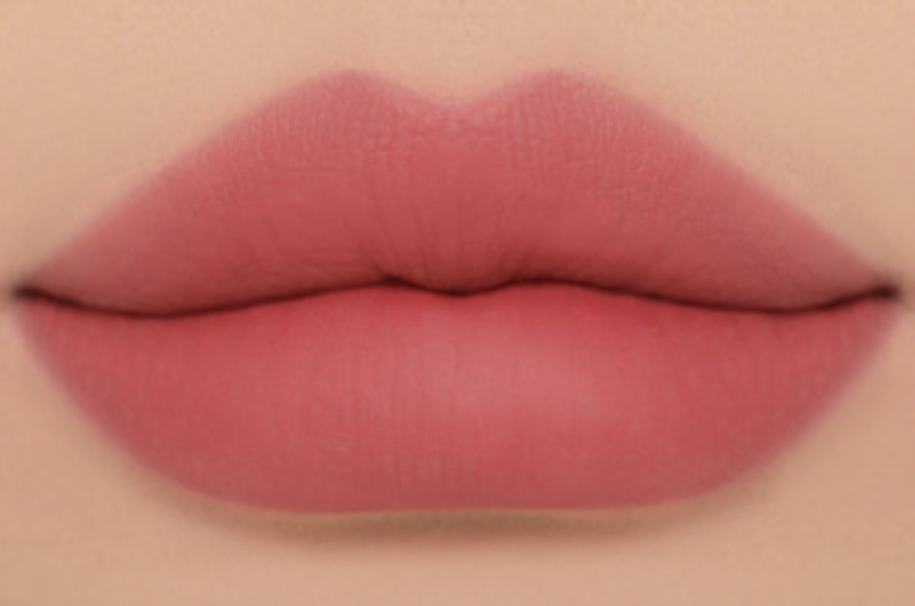 ProtoClinical k-beauty 3CE Soft Matte Lipstick 3.5g (Warm VS Cool) (6 Colors) close-up of matte mauve-pink lips filling the frame on a skin-toned background