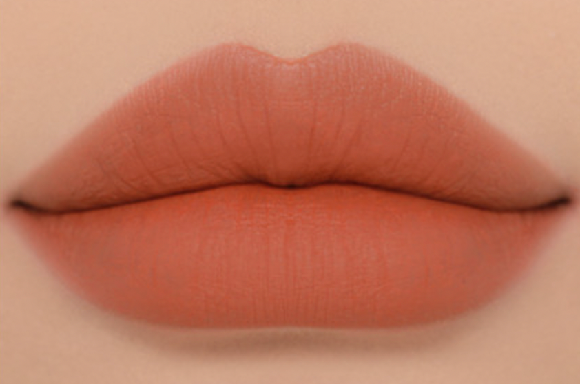 ProtoClinical k-beauty 3CE Soft Matte Lipstick 3.5g (Warm VS Cool) (6 Colors) close-up of matte peach-coral lips filling the frame on a skin-toned background