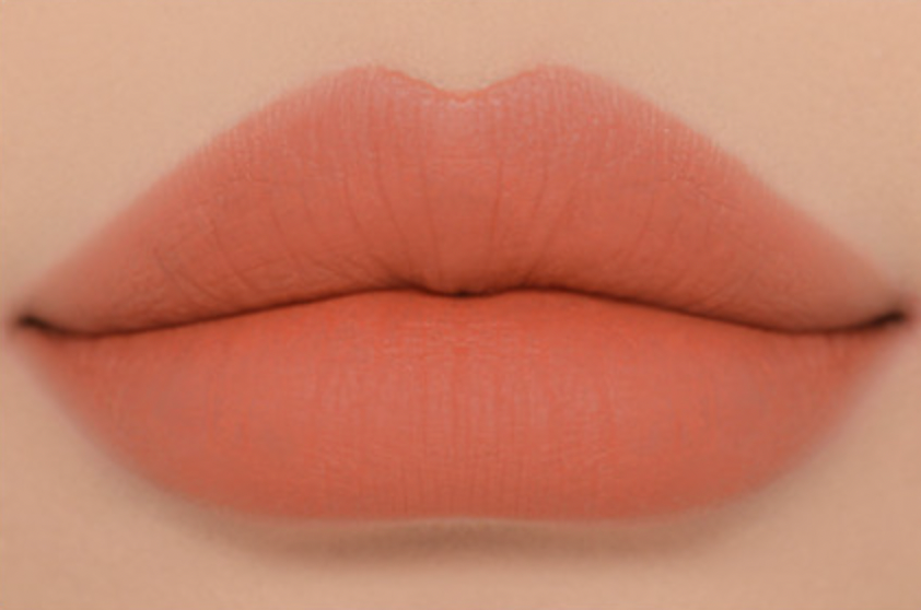 ProtoClinical k-beauty 3CE Soft Matte Lipstick 3.5g (Warm VS Cool) (6 Colors) close-up of matte soft coral lips filling the frame on a skin-toned background