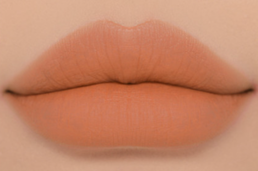 ProtoClinical k-beauty 3CE Soft Matte Lipstick 3.5g (Warm VS Cool) (6 Colors) close-up of matte light peach lips filling the frame on a skin-toned background