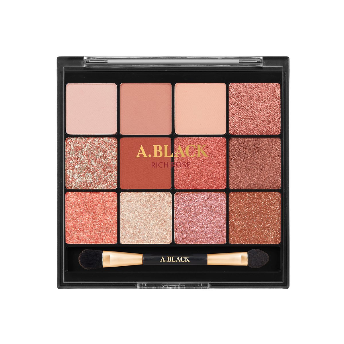 [A.Black] Glam Change Multi Palette 14.4g by ProtoClinical shown in a promotional eyeshadow visual with the palette and swatches for a k-beauty makeup routine.