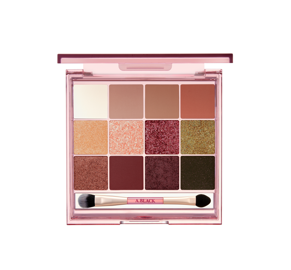 [A.Black] Glam Change Multi Palette 14.4g by ProtoClinical shown in a wide eyeshadow palette graphic featuring multiple shades and the compact for a k-beauty makeup routine.
