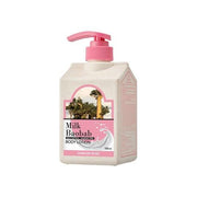 ProtoClinical k-beauty BIOKLASSE MILK BAOBAB Body Lotion 500ml #Damask Rose single upright beige body lotion bottle centered on a pale blue and blush background
