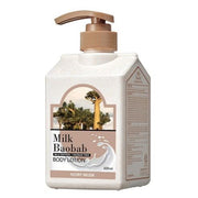 ProtoClinical k-beauty BIOKLASSE MILK BAOBAB Body Lotion 500ml #Ivory Musk single upright taupe-beige body lotion bottle centered on a pale blue and blush background