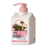 ProtoClinical k-beauty BIOKLASSE MILK BAOBAB Body Lotion 500ml #White Musk single upright beige body lotion bottle centered on a pale blue and cream background