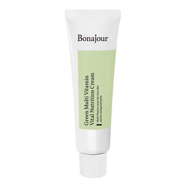 ProtoClinical k-beauty Bonajour Green Multi-Vitamin Vital Nutrition Cream 50ml white cream tube with a light yellow-green label standing upright on a pale beige background