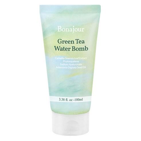 ProtoClinical k-beauty Bonajour Green Tea Water Bomb Cream 100ml white and green cream tube standing upright on a pale beige background