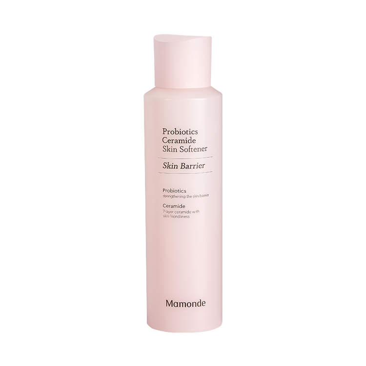 ProtoClinical k-beauty Mamonde Probiotics Ceramide Skin Softener 200ml shown as a single pale pink vertical bottle silhouette centered in a tall layout on a light background