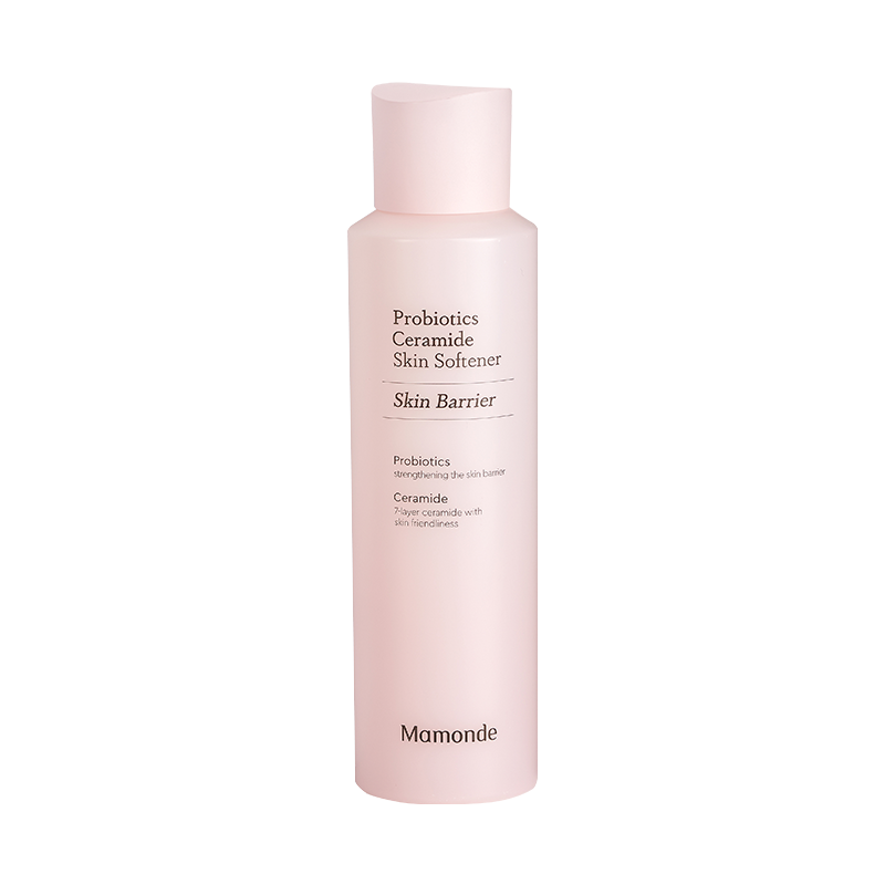 ProtoClinical k-beauty Mamonde Probiotics Ceramide Skin Softener 200ml shown as a single pale pink vertical bottle silhouette centered in a tall layout on a light background