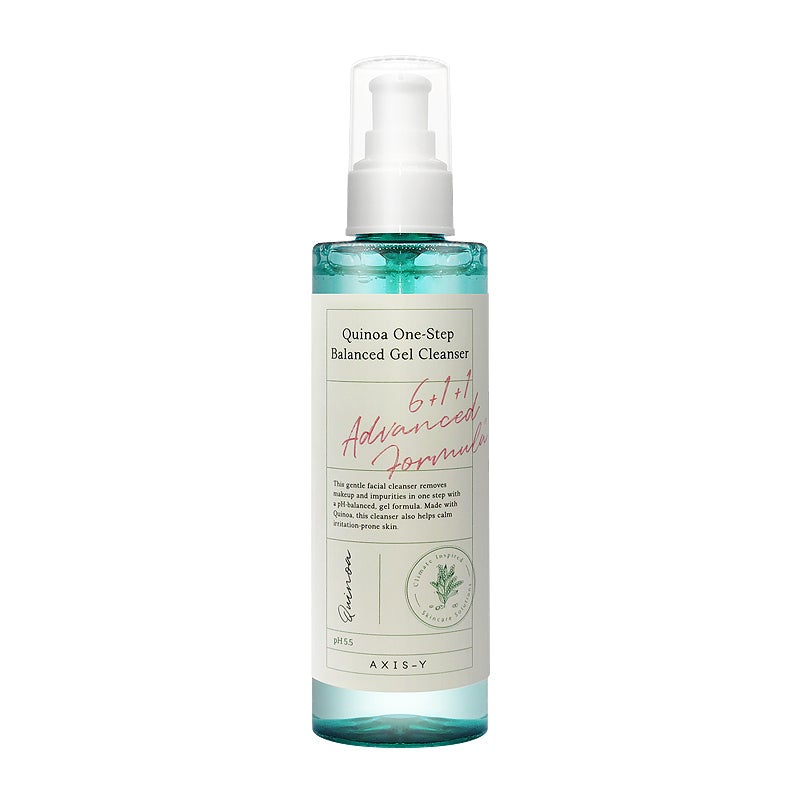ProtoClinical k-beauty AXIS-Y Quinoa One Step Balanced Gel Cleanser 180ml single pale green cleanser package centered on a clean white background.