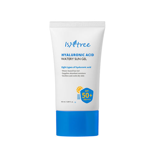 ProtoClinical k-beauty Isntree Hyaluronic Acid Watery Sun Gel 50ml SPF50+ PA++++ single upright blue sun gel package on a light background with pale yellow side accents