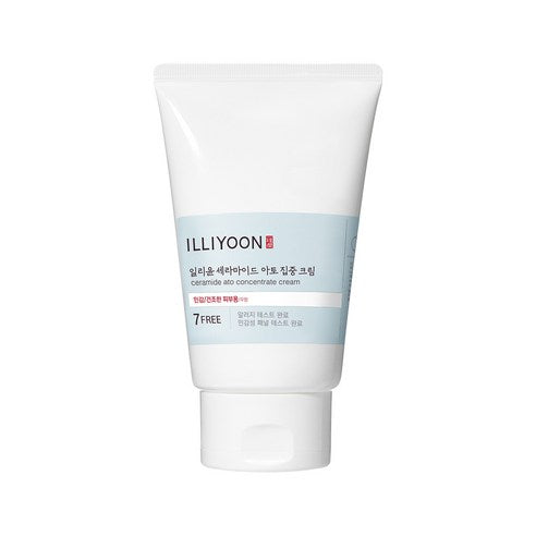ProtoClinical k-beauty ILLIYOON Ceramide Ato Concentrate Cream 200ml single centered pale blue cream package on a white background with soft blue side accents.