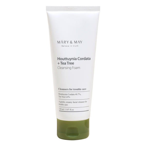 ProtoClinical k-beauty [MARY & MAY] Houttuynia Cordata + Tea Tree Cleansing Foam 150ml single upright pale green cleansing foam tube on a white background.