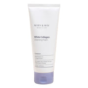 ProtoClinical k-beauty [MARY & MAY] White Collagen Cleansing Foam 150ml single upright pale lavender cleansing foam tube on a pastel pink and white background.