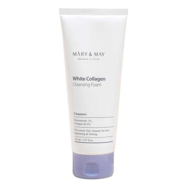 ProtoClinical k-beauty [MARY & MAY] White Collagen Cleansing Foam 150ml single upright pale lavender cleansing foam tube on a pastel pink and white background.