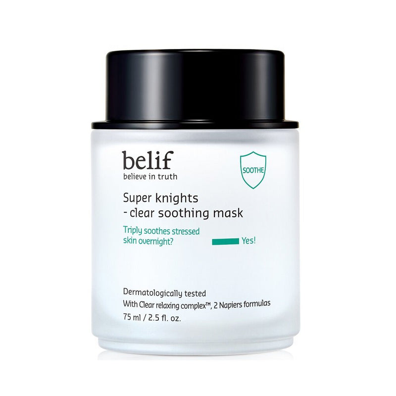 ProtoClinical k-beauty belif Super Knights Clear Soothing Mask 75ml square mask product shot with pale blue and white packaging tones