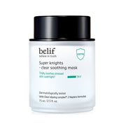 ProtoClinical k-beauty belif Super Knights Clear Soothing Mask 75ml square mask product shot with pale blue and white packaging tones