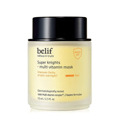 ProtoClinical k-beauty belif Super Knights Multi Vitamin Mask 75ml square mask product shot with soft yellow and white packaging tones