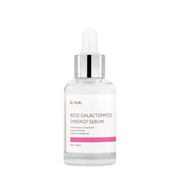 ProtoClinical k-beauty iUNIK Rose Galactomyces Synergy Serum 50ml clear glass serum bottle with pink text, pink accents, and a dropper cap on a light background
