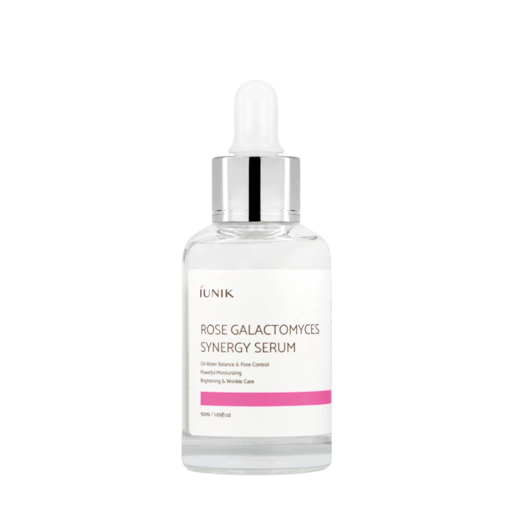 ProtoClinical k-beauty iUNIK Rose Galactomyces Synergy Serum 50ml clear glass serum bottle with pink text, pink accents, and a dropper cap on a light background