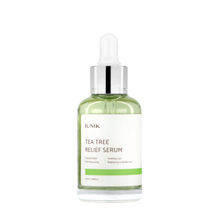 ProtoClinical k-beauty iUNIK Tea Tree Relief Serum 50ml clear glass serum bottle with green liquid, white label, and dropper cap on a light background