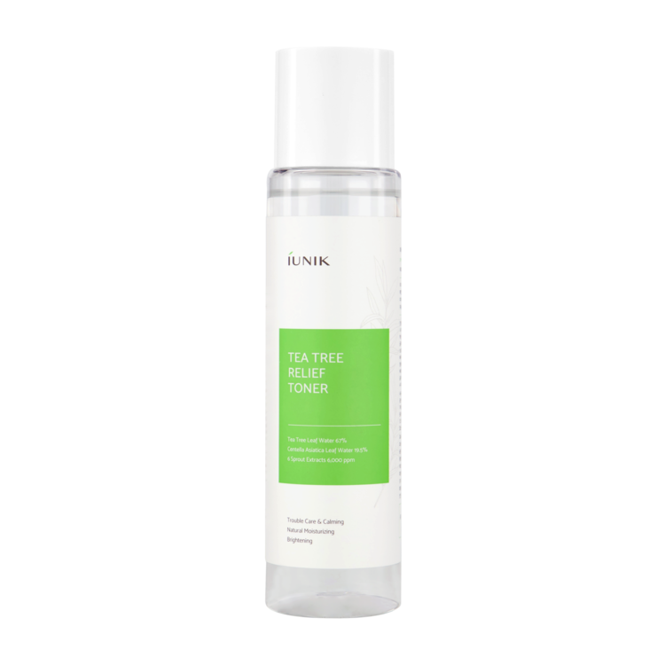 ProtoClinical k-beauty iUNIK Tea Tree Relief Toner 200ml clear toner bottle with a white cap and green label on a light background